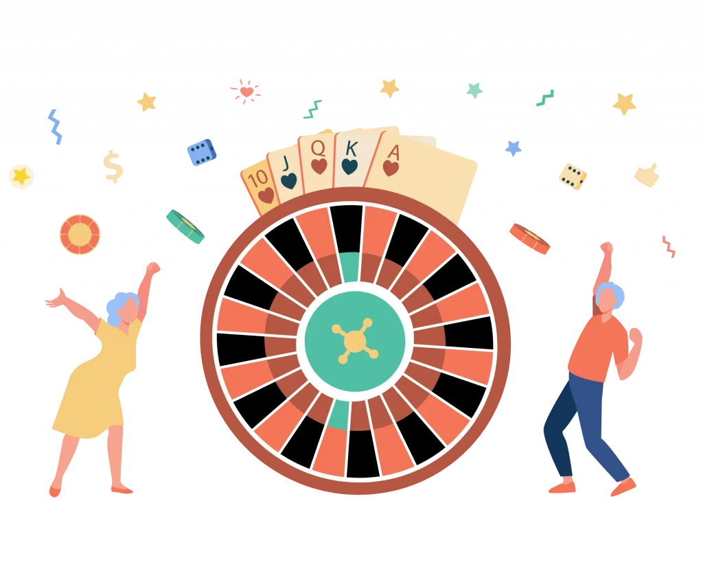 Animated figures dancing joyfully next to a roulette wheel with floating casino icons on a festive background.