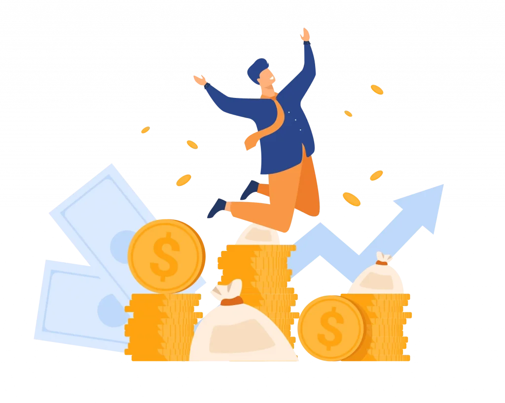 Exuberant individual leaping above piles of coins, symbolizing success after a Lawinplay download, against a backdrop of upward trending graphs and floating currency.