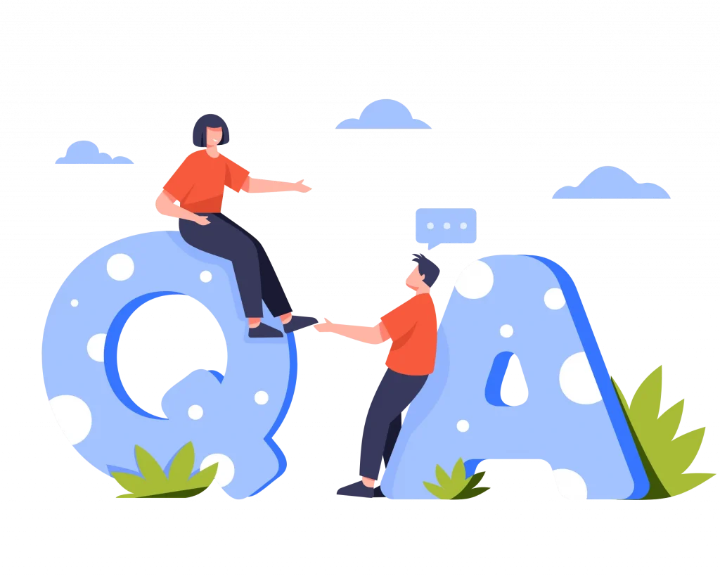 Two individuals engaging atop oversized letters 'Q' and 'A', representing support and interaction facilitated by a Lawinplay download.